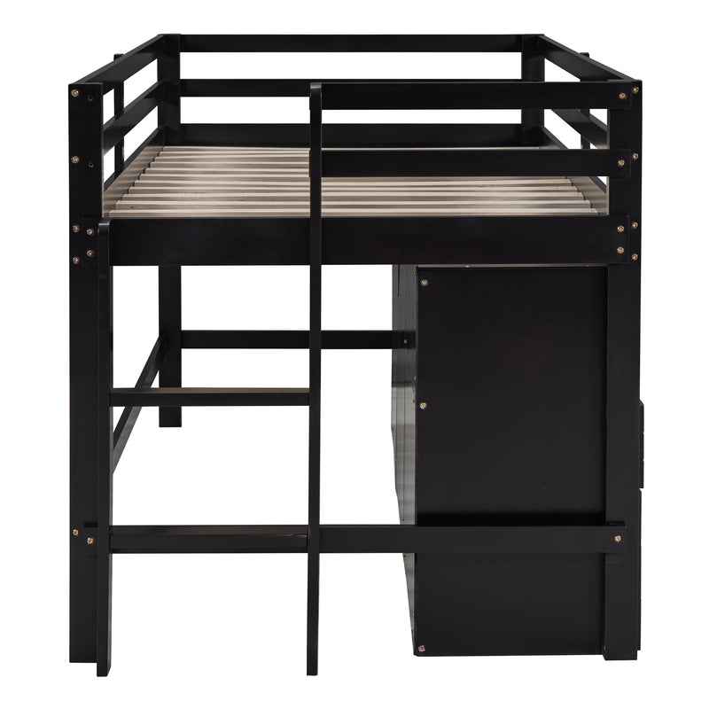 Twin Size Loft Bed with 4 Drawers, Underneath Cabinet and Shelves, Espresso