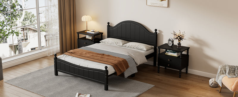 Traditional Concise Style Black Solid Wood Platform Bed, No Need Box Spring, Queen