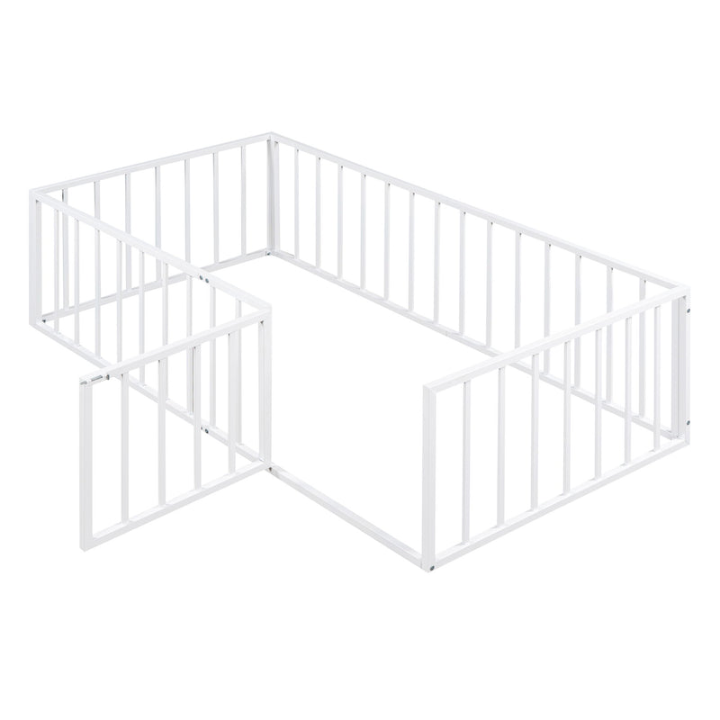 Metal Floor Bed Frame With Fence And Door - Black