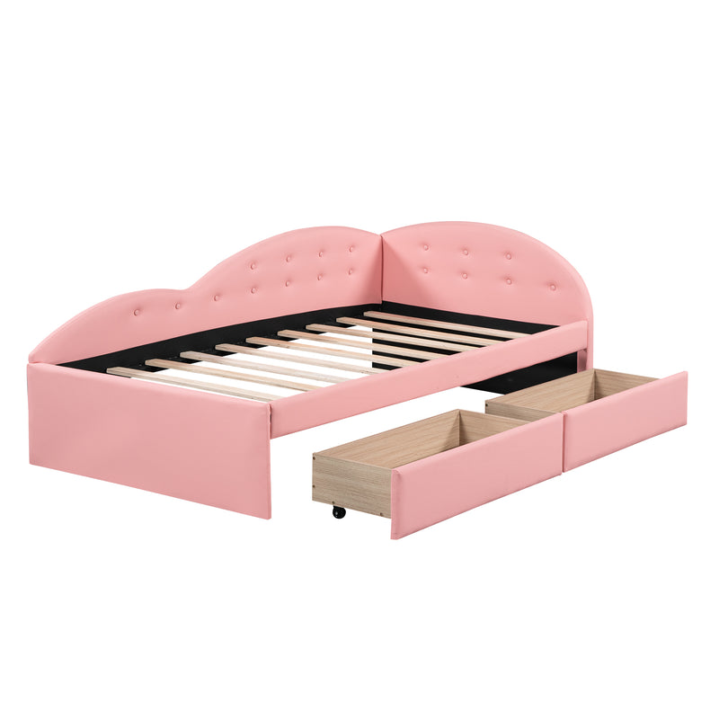 Twin Size PU Upholstered Tufted Daybed with Two Drawers and Cloud Shaped Guardrail, Pink