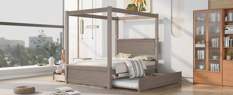 Wood Canopy Bed with Trundle Bed and two Drawers ,Full Size Canopy Platform bed With Support Slats .No Box Spring Needed, Brushed Light Brown