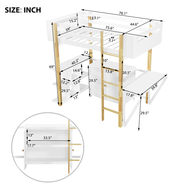 Twin Size Wood Loft Bed With Built-in Storage Cabinet and Cubes, Foldable desk, White