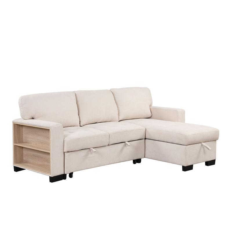 Stylish And Functional Light Chaise Lounge Sectional With Storage Rack Pull-Out Bed Drop Down Table And USB Charger