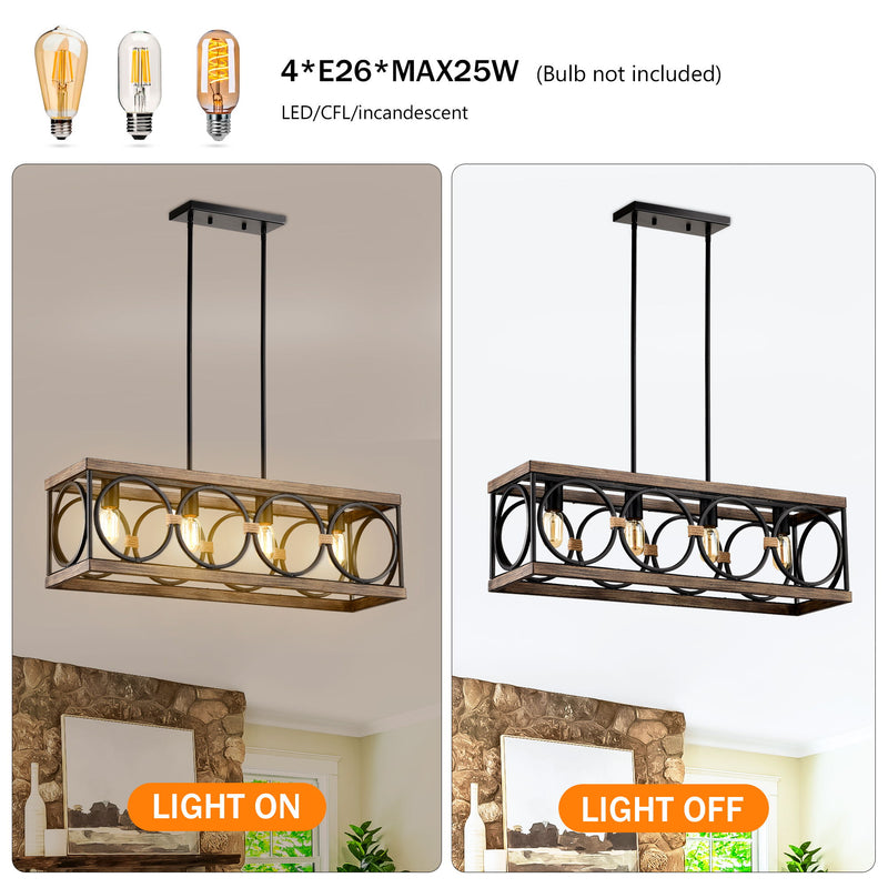 Kitchen Island Lights Ceiling Light Farmhouse Dining Room Light Fixture, Wood And Metal Rectangular Ceiling Light, Ceiling Lighting For Living Room, Conference Room, Home Office