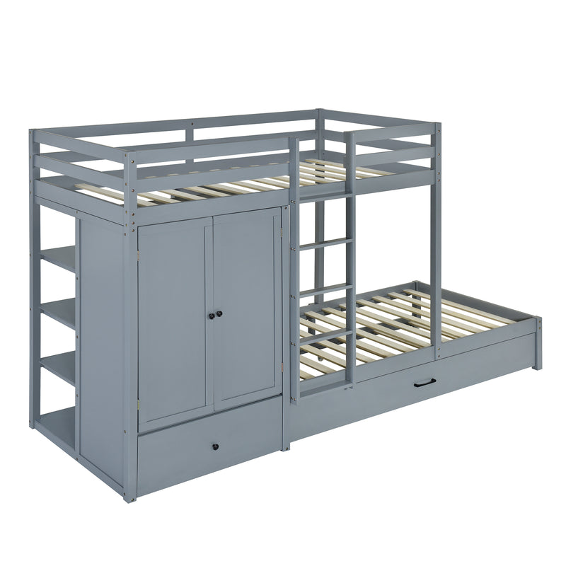 Twin-over-twin Bunk Bed with Wardrobe, Drawers and Shelves, Gray