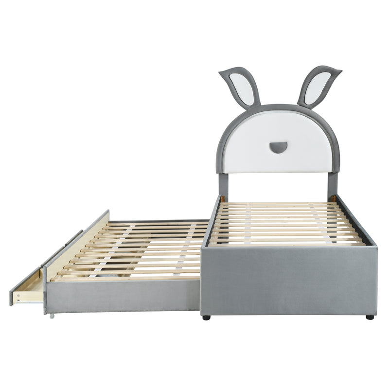 Twin Size Upholstered Platform Bed with Trundle and 3 Drawers, Rabbit-Shaped Headboard with Embedded LED Lights, Gray