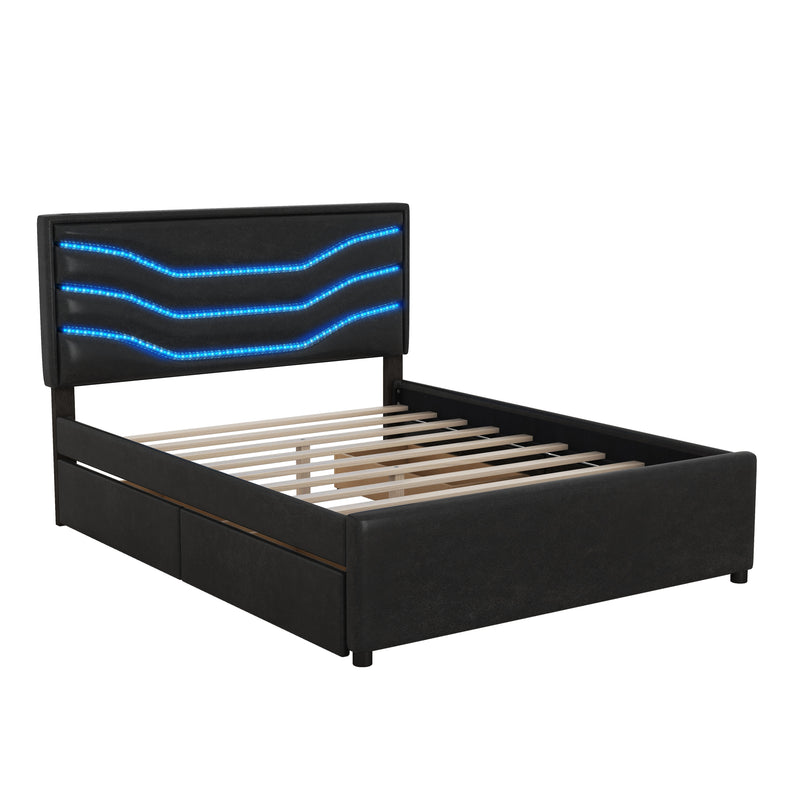 Queen Size Upholstered Storage Platform Bed with LED, 4 Drawers and USB Charging, Black