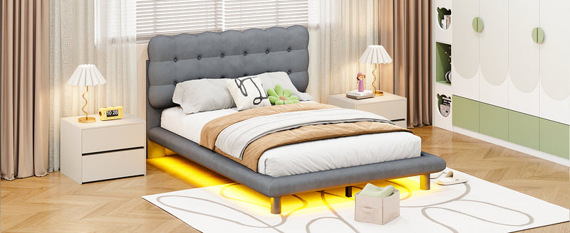 Queen Size Velvet Platform Bed with LED Frame, Thick & Soft Fabric and Button-tufted Design Headboard, Gray