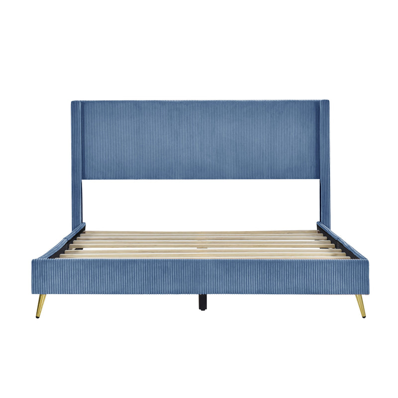 Queen Size Corduroy Platform Bed with Metal Legs, Blue