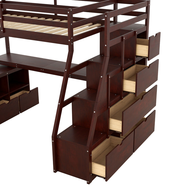 Twin Size Loft Bed with 7 Drawers 2 Shelves and Desk - Espresso