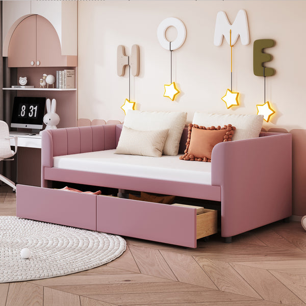 Twin Size Upholstered Daybed with Ergonomic Design Backrest and 2 Drawers, Pink