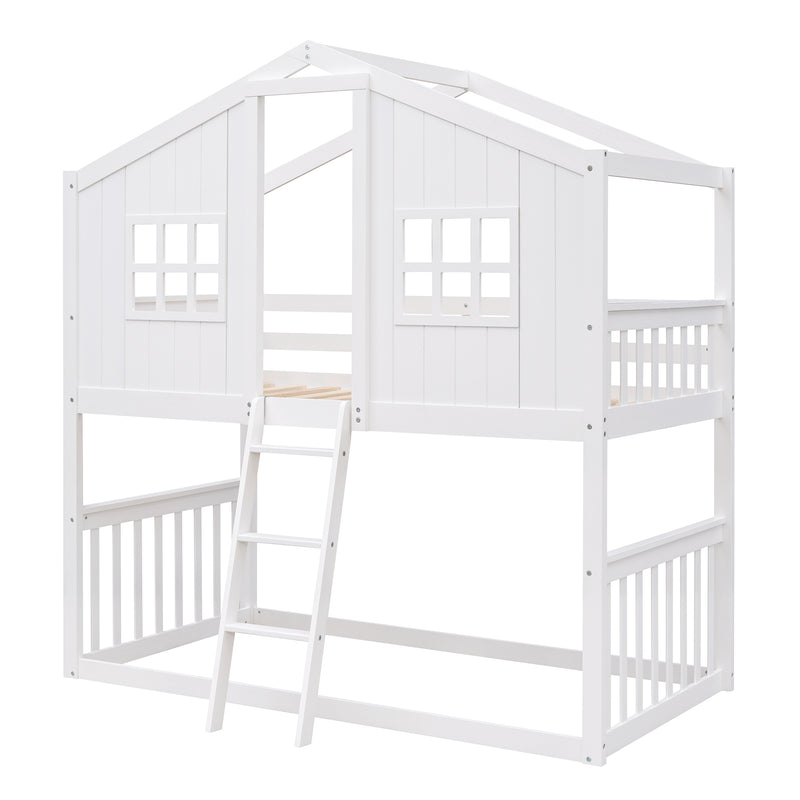 Twin Over Twin House Bunk Bed With Ladder, Wood Bed-White