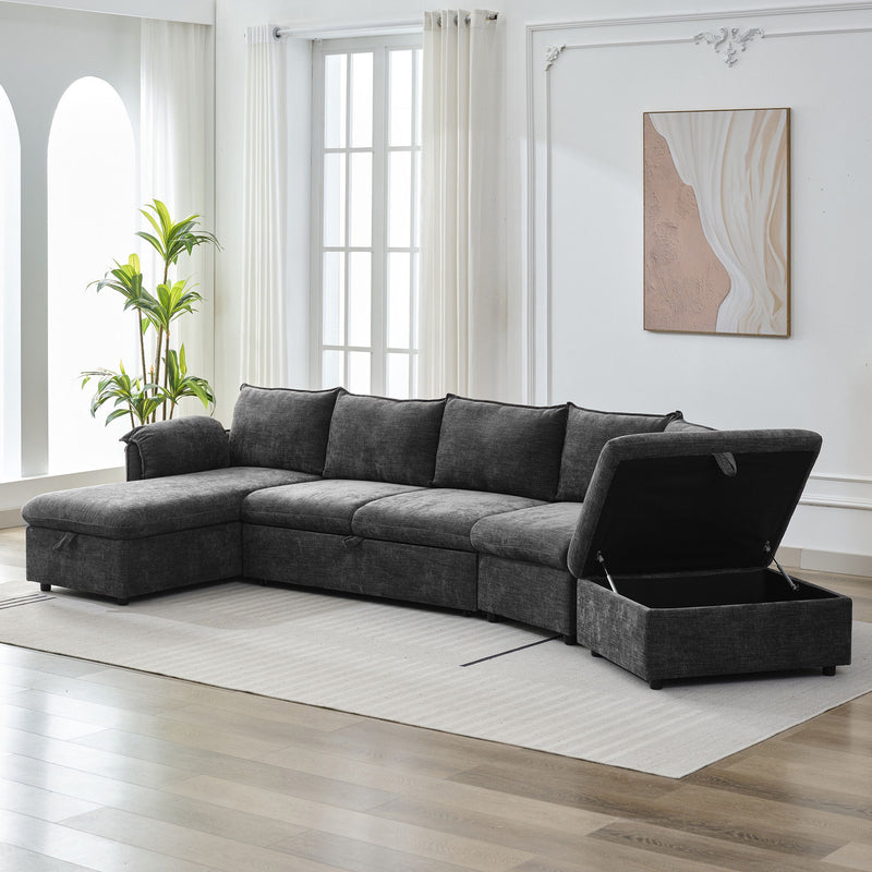 L-Shaped Sofa Sectional Sofa Couch Pull-Out Sofa Bed With A Movable Storage Ottoman, A Storage Chaise Lounge And Two USB Ports For Living Room