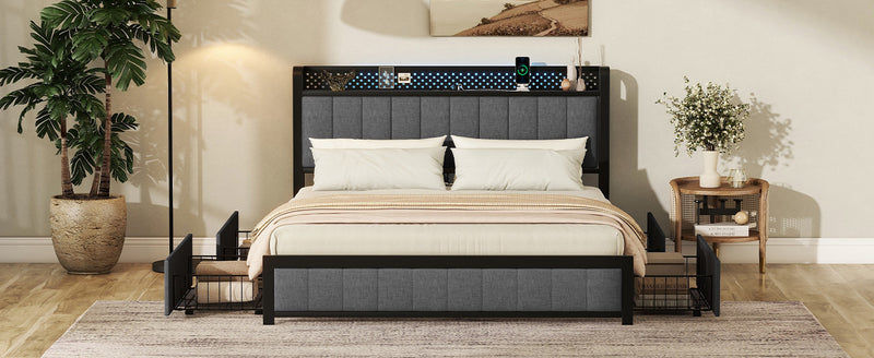 Queen Bed Frame with LED Headboard, Upholstered Bed with 4 Storage Drawers and USB Ports, Dark Grey