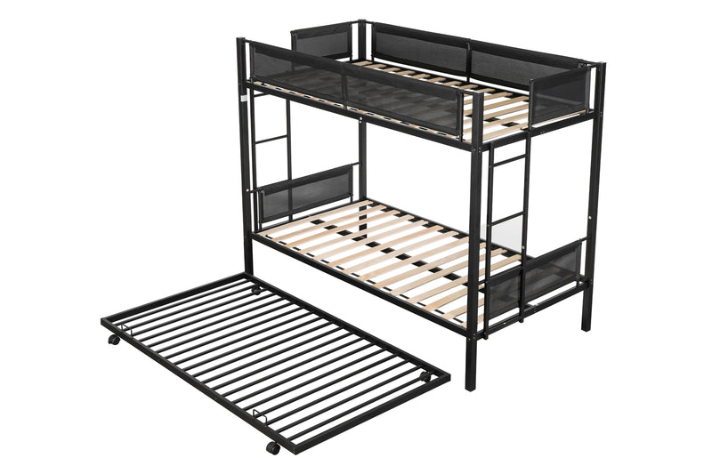 Metal Twin Over Twin Bunk Bed With Trundle/ Sturdy Metal Frame/ Noise Free Wood Slats/ Comfortable Textilene Guardrail/ 2 Side Ladders/ Space Saving Trundle/ Bunk Bed For Three/ No Box Spring Needed - Black