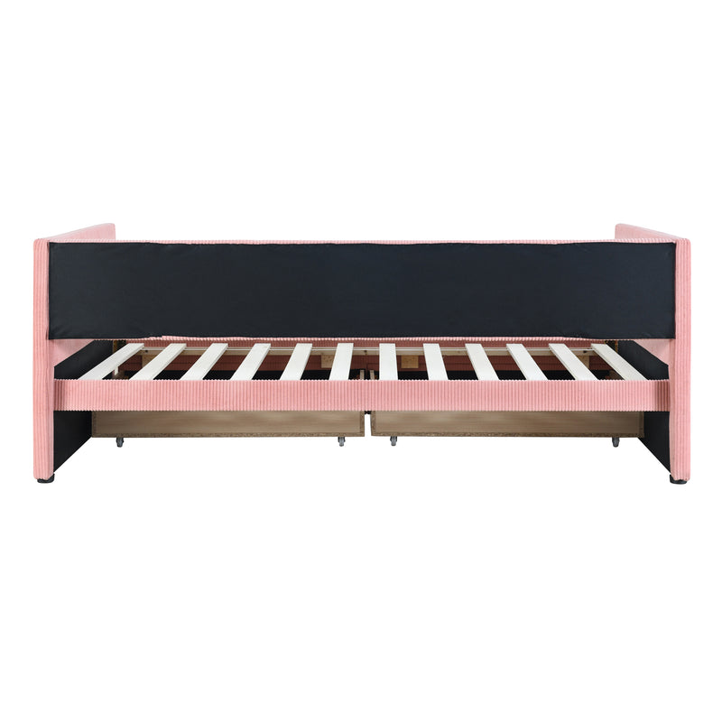 Twin Size Corduroy Daybed with Two Drawers and Wood Slat, Pink