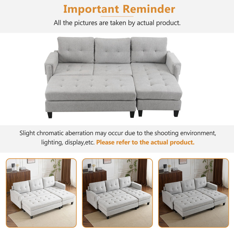 L Shaped Sofa Sectional Couch Sofa Bed With Two USB Ports, A Movable Ottoman And A Reversible Chaise Lounge For Living Room