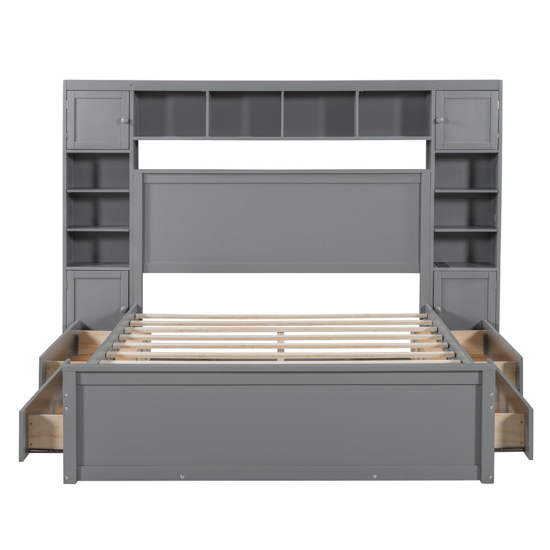 Queen Size Wooden Bed With All-in-One Cabinet, Shelf and Sockets, Gray