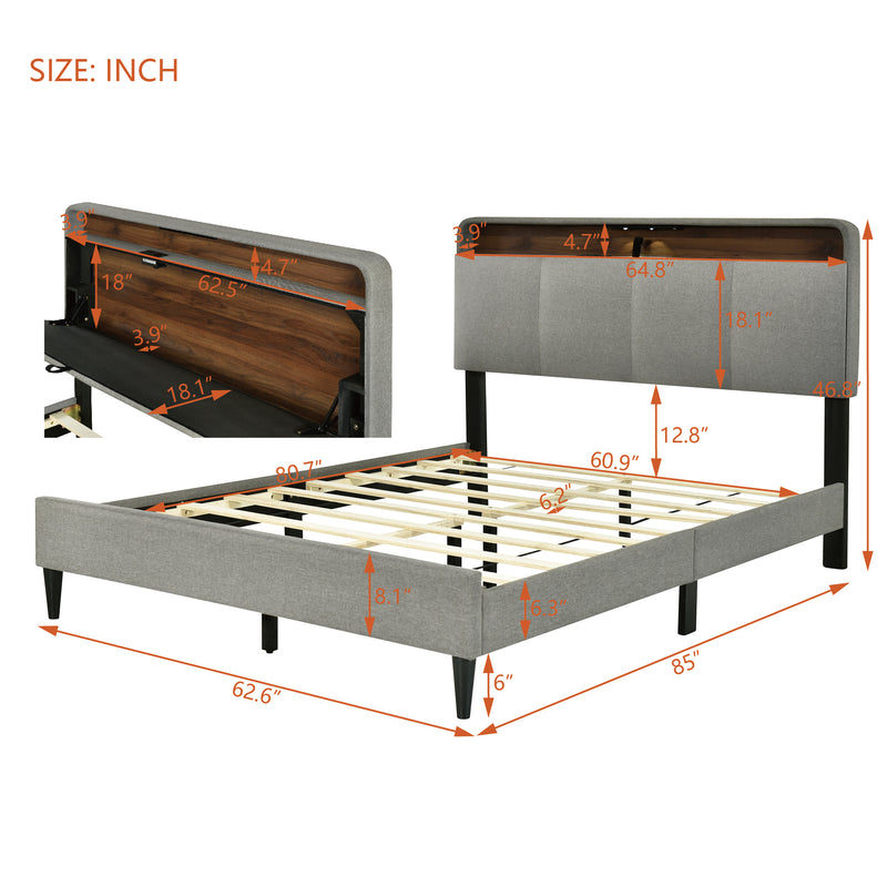 Queen size Upholstered Platform Bed with Storage Headboard, Sensor Light and a set of Sockets and USB Ports, Linen Fabric, Gray