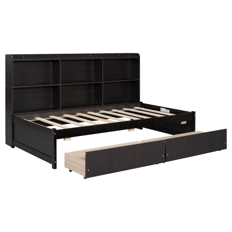 Twin Bed with Side Bookcase, Drawers ,Espresso