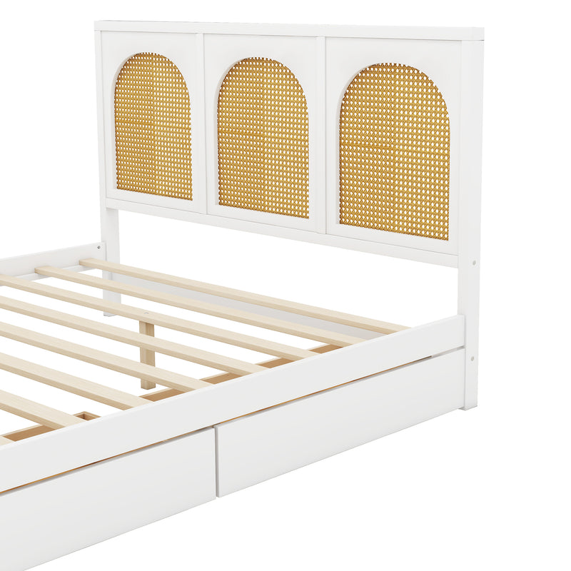 Queen Size Wood Storage Platform Bed with 2 Drawers, Rattan Headboard and Footboard, White