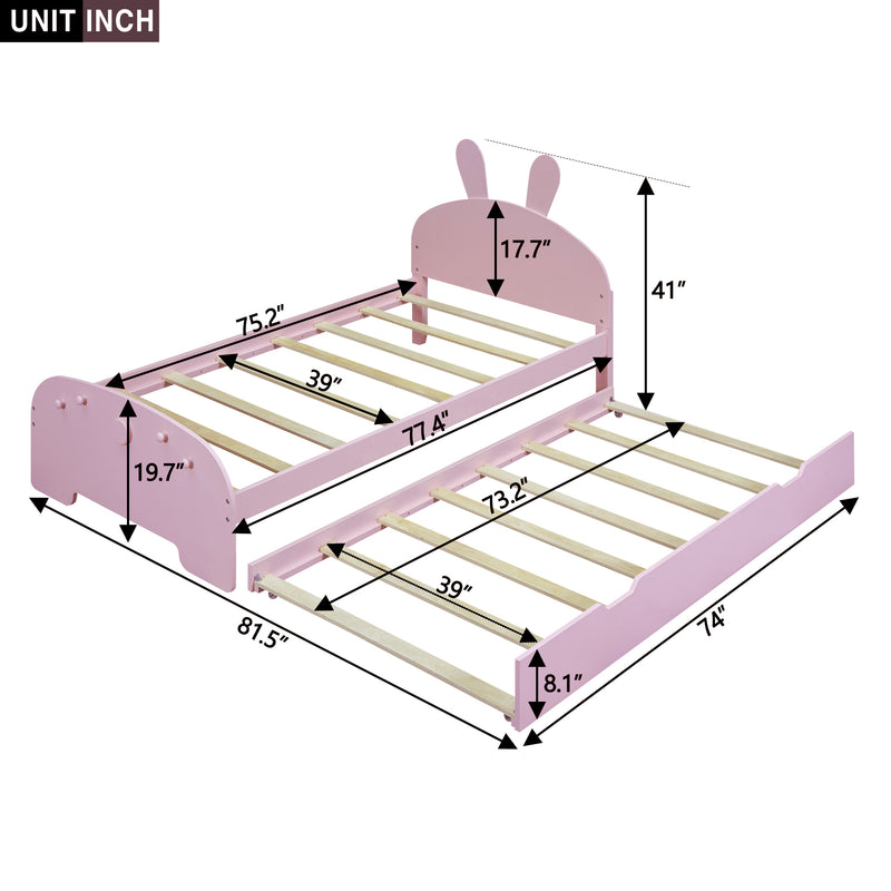 Wood Twin Size Platform Bed with Cartoon Ears Shaped Headboard and Trundle, Pink