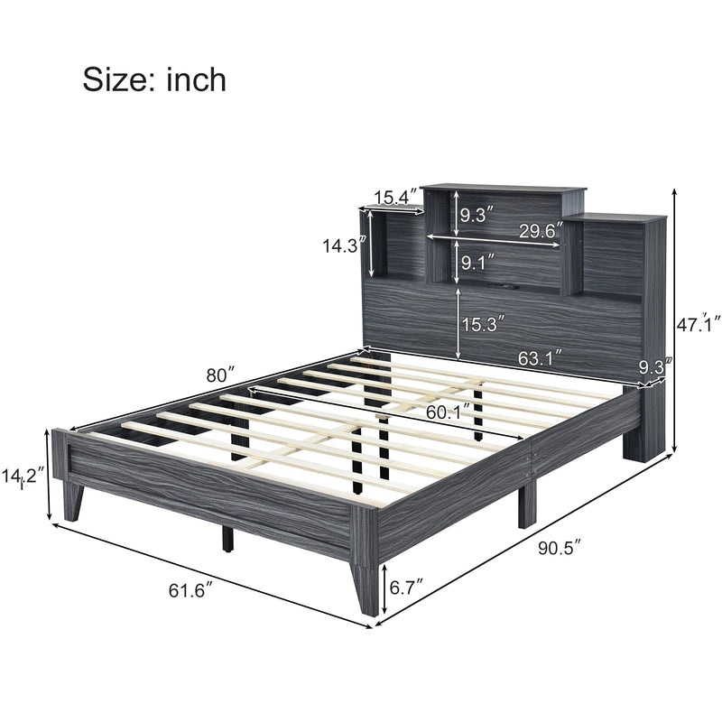 Queen Size Storage Platform Bed Frame with 4 Open Storage Shelves and USB Charging Design,Gray