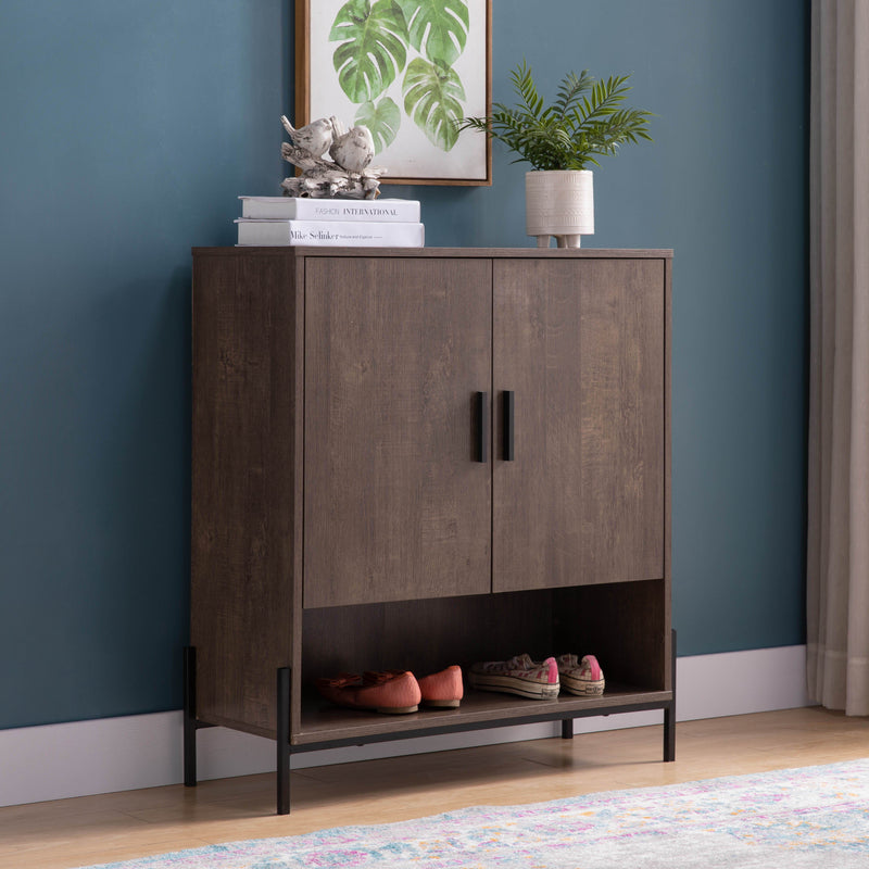 Home Entryway 5 Tier Shoe Organizing Cabinet With Open Bottom Shelve - Walnut Oak