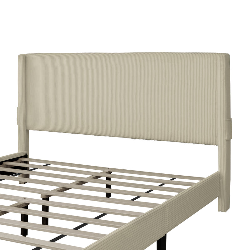 CORDUROY VELVET QUEEN FOOTBOARD DRAWER STORAGE UPHOLSTERED WINGBACK BED NO BOX SPRING REQUIRE BEIGE WHITE