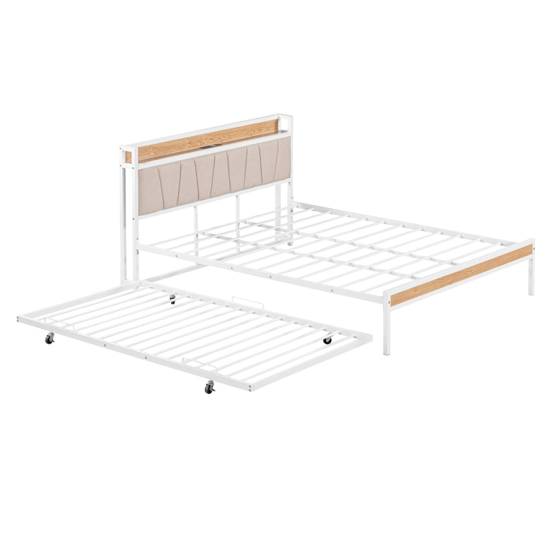 Queen Size Metal Platform Bed Frame with Twin size trundle, Upholstered headboard, Sockets, USB Ports and Slat Support, No Box Spring Needed, White