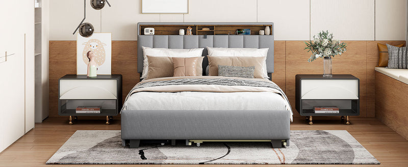 Queen size Upholstered Platform Bed with Storage Headboard, Twin XL Size Trundle & 2 drawers and a set of Sockets & USB Ports, Linen Fabric, Gray