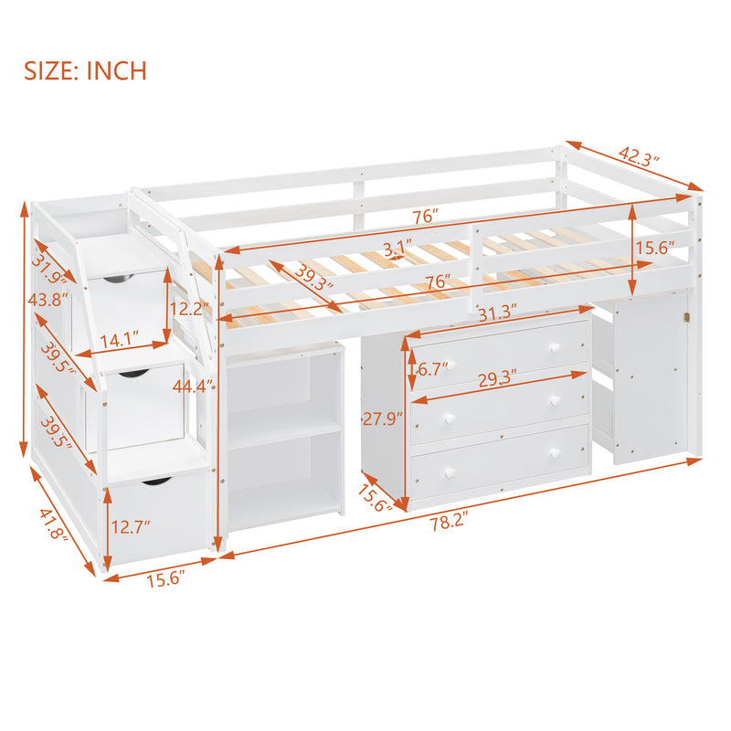 Twin Size Loft Bed with Retractable Writing Desk and 3 Drawers, Wooden Loft Bed with Storage Stairs and Shelves, White