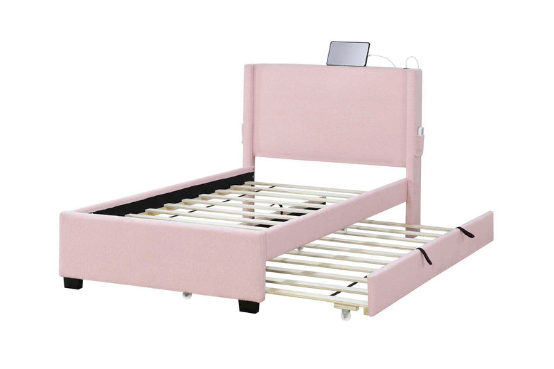 Twin Size Upholstered Bed Frame With Trundle Bed, Teddy Fabric, USB Functionality, And A Pocket Design On The Side Of The Headboard For Storing Small Items - Baby Pink