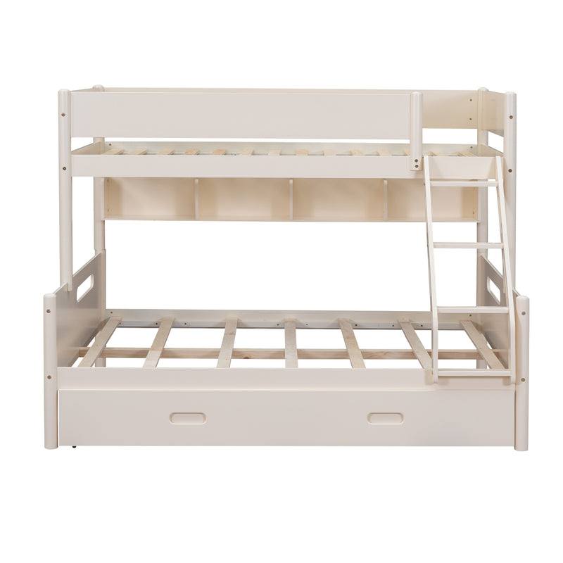 Wood Twin over Full Bunk Bed with Storage Shelves and Twin Size Trundle, Cream