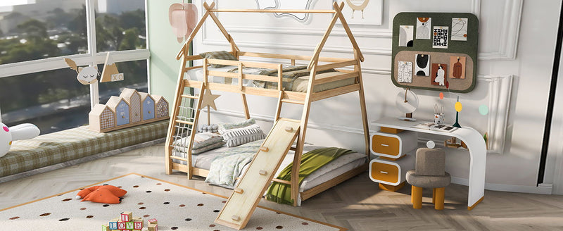 Twin Over Queen House Bunk Bed With Climbing Nets And Climbing Ramp