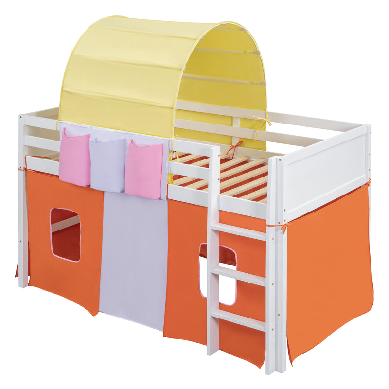 Twin Size Loft Bed with Tent and Tower  and  Three Pockets- Orange