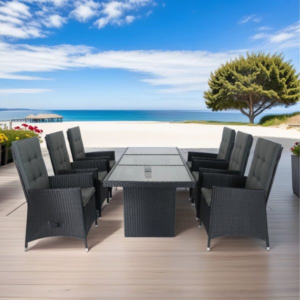 7 Piece Outdoor Patio Wicker Dining Set Patio With Adjustable Backrest And Cushion - Black / Dark Gray