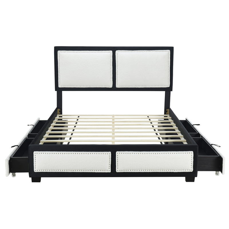 Queen Size Upholstered Platform Bed with Large Rivet-decorated Backrests and 4 Drawers, Velvet matched with Teddy Fleece, Black+White