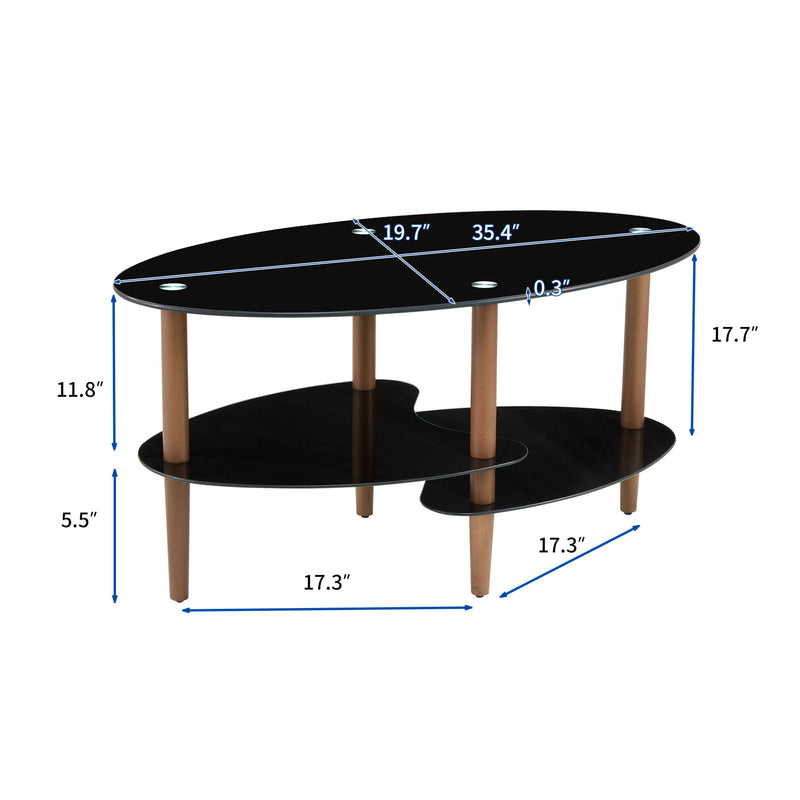 Oval Glass Coffee Table, Modern Table In Living Room Oak Wood Leg Tea Table 3-Layer Tempered Glass Table - Brown / Black