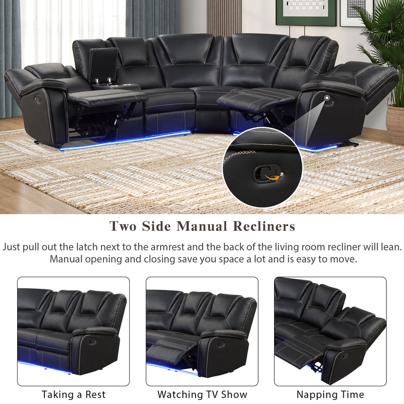 Modern Faux Leather Manual Reclining With Center Console With LED Light Strip, Living Room Furniture Set, PU Symmetrical Couch With 2 Cup Holders And Storage For Living Room