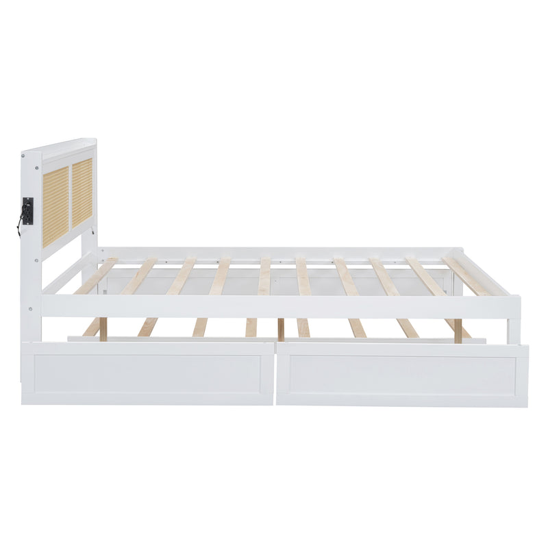 Queen Size Elegant Bed Frame with Rattan Headboard and Sockets ,White