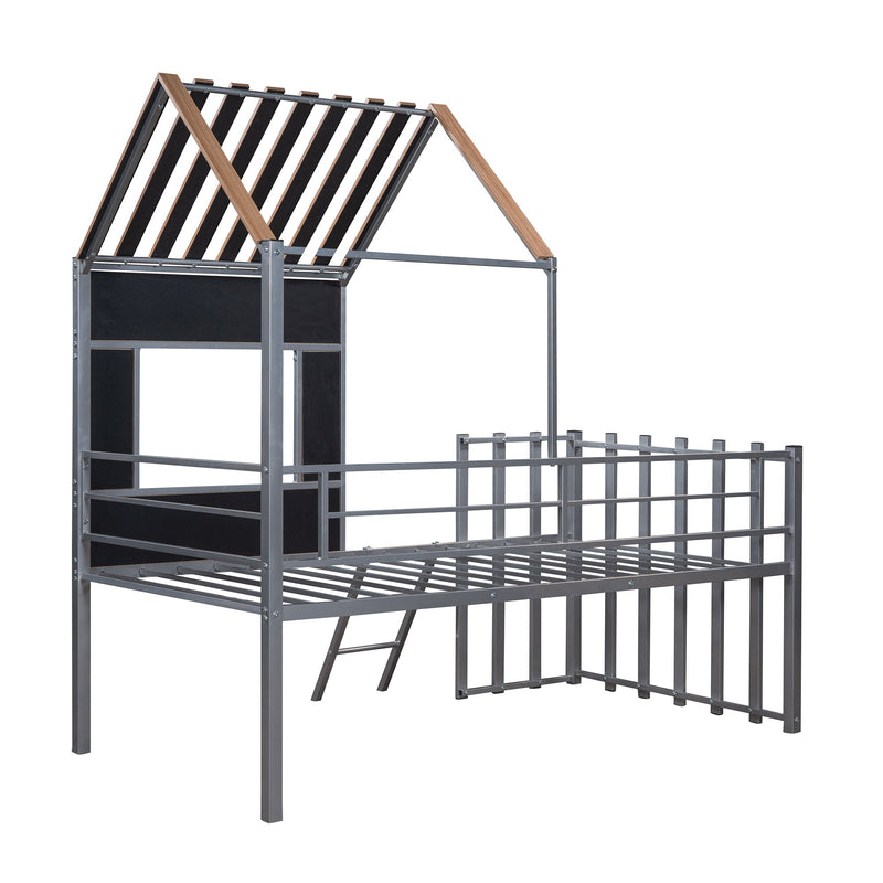 Twin Size Loft Bed With Roof, Window, Guardrail, Ladder