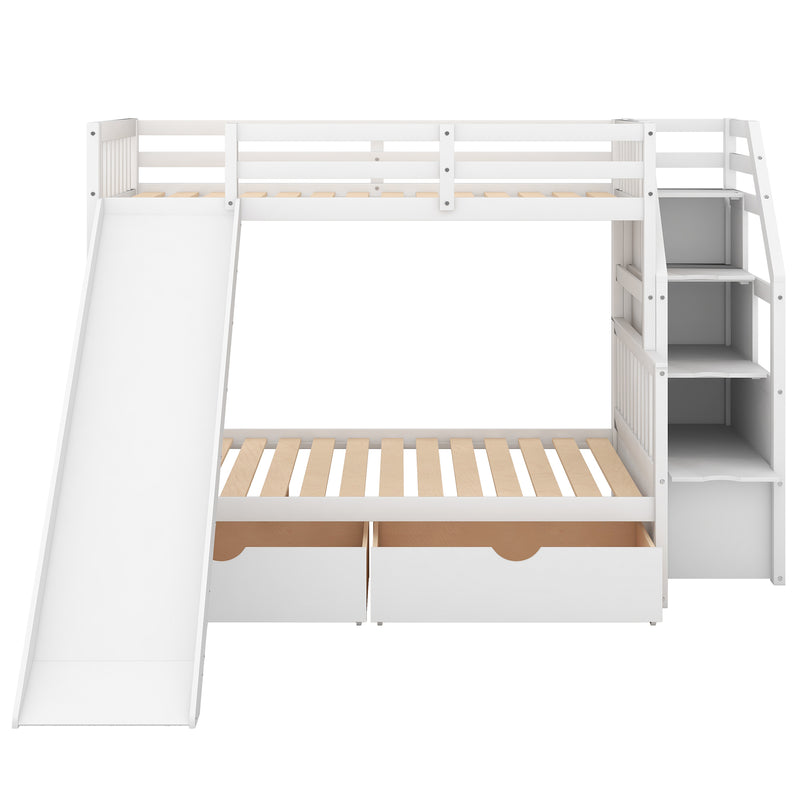 Twin over Full Bunk Bed with Drawers,Storage and Slide, Multifunction, White