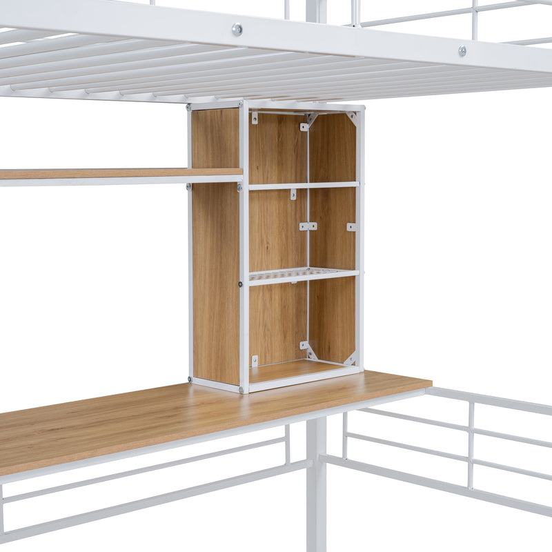 Twin Size Loft Bed with Desk and Shelf , Loft Bed with Ladder,Twin,White