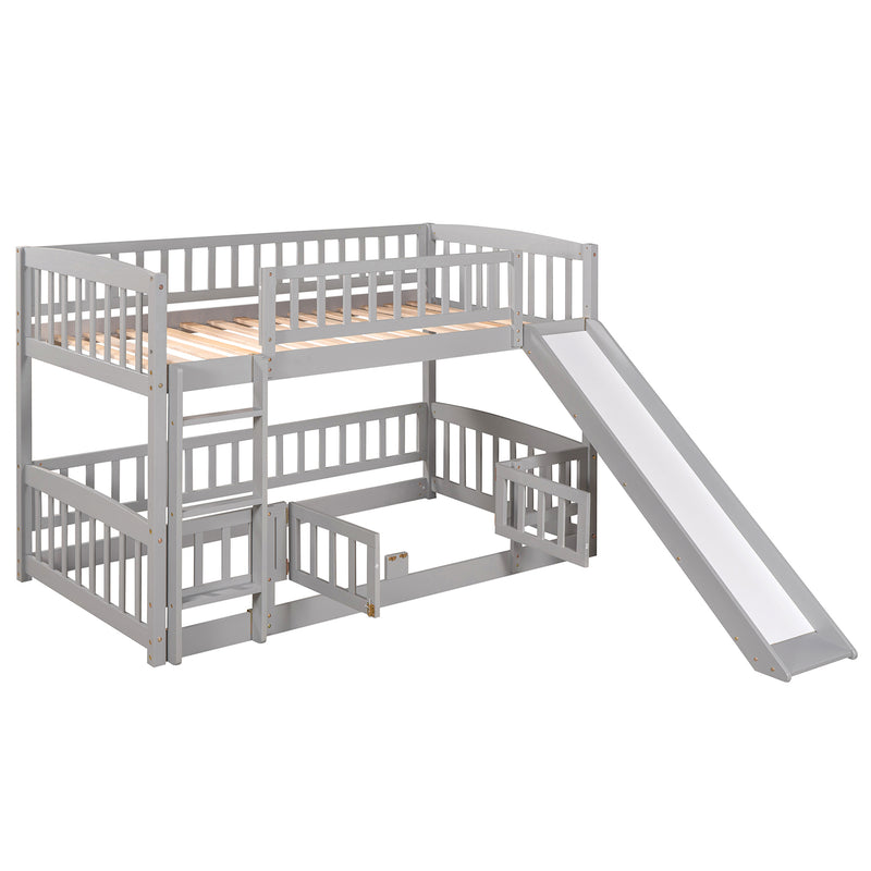 Bunk Bed with Slide,Twin Over Twin Low Bunk Bed with Fence and Ladder for Toddler Kids Teens Grey