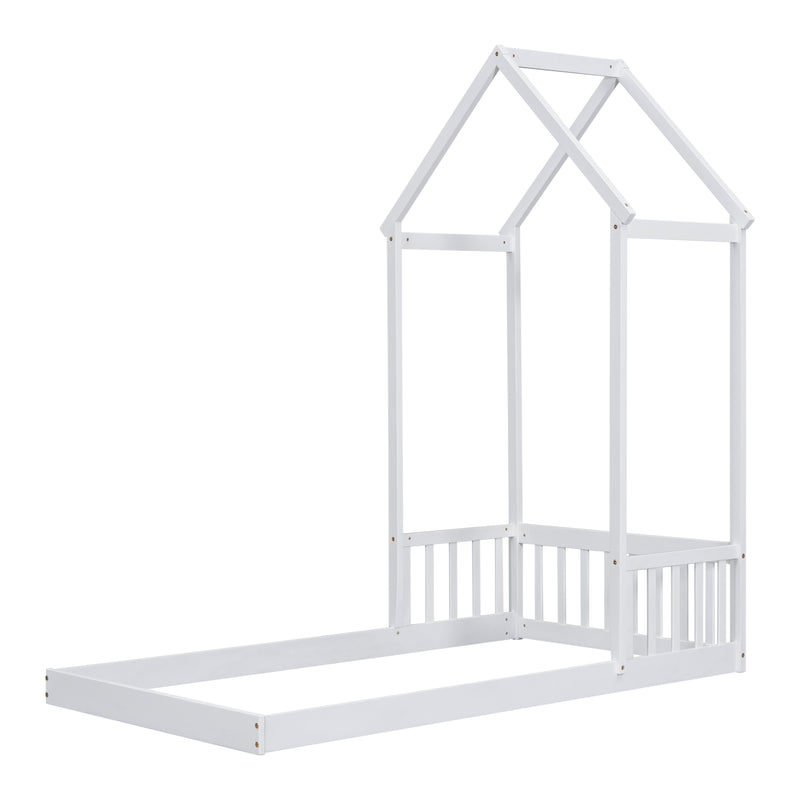 Twin House-shaped Roof Headboard Floor Bed,,(without slats),White