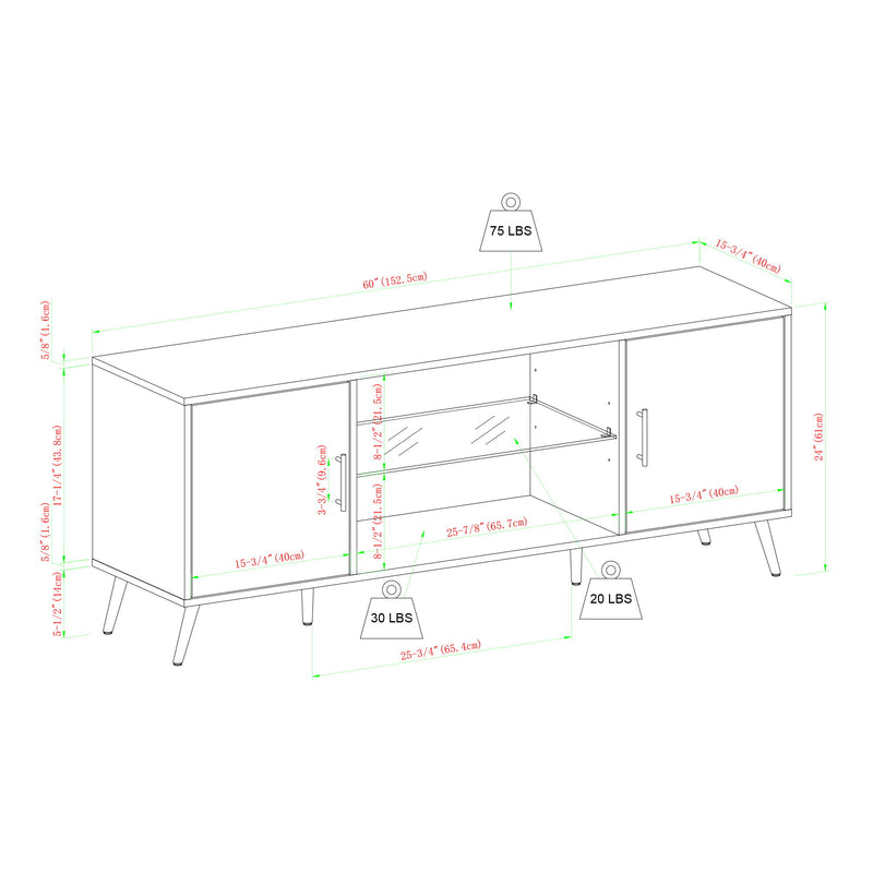 Mid-Century Modern 2 Door TV Stand With Glass Shelf