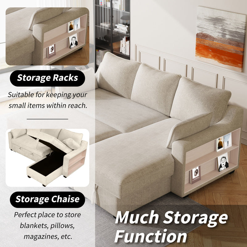 Pull Out Sleeper Sofa L-Shaped Couch Convertible Sofa Bed With Storage Chaise, Storage Racks And USB Ports