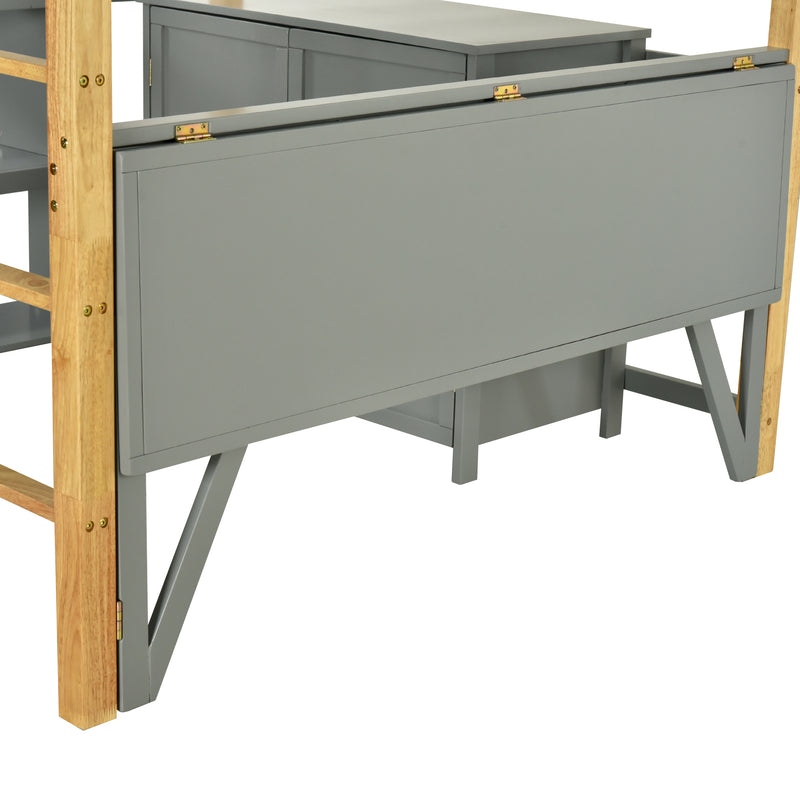 Twin Size Wood Loft Bed With Built-in Storage Cabinet and Cubes, Foldable desk, Gray