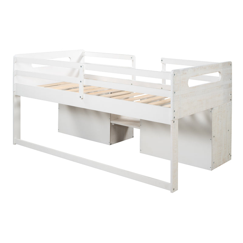 Twin size Loft Bed with Two Shelves and Two drawers (Antique White)